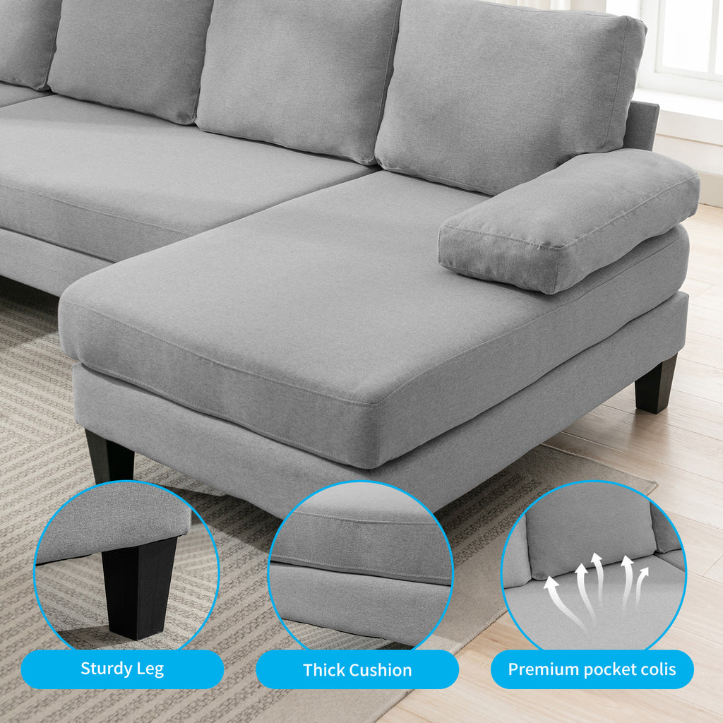 Light Gray 4 Seats Linen Fabric U-Shaped Sectional Sofa with Double Comfy Chaise N7342