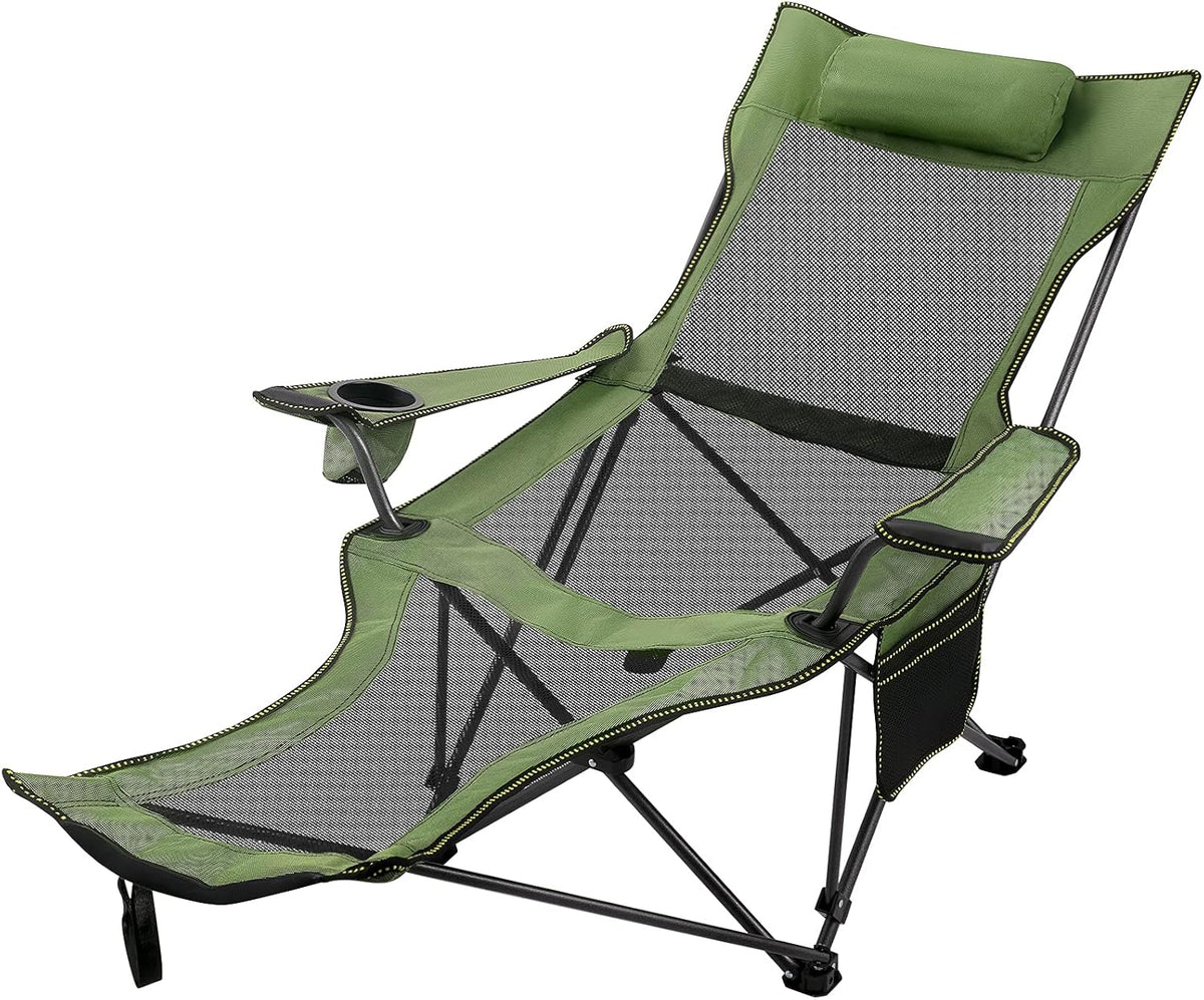 Green Folding Camp Chair with Footrest and Cup Holder B655