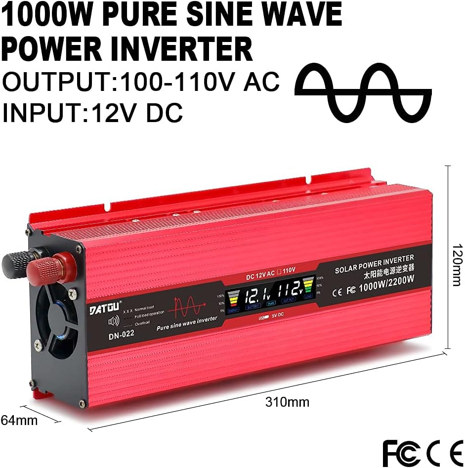1000W Pure Sine Wave Power Inverter 12V 110V DC to AC Car Inverter with LED Display H5022