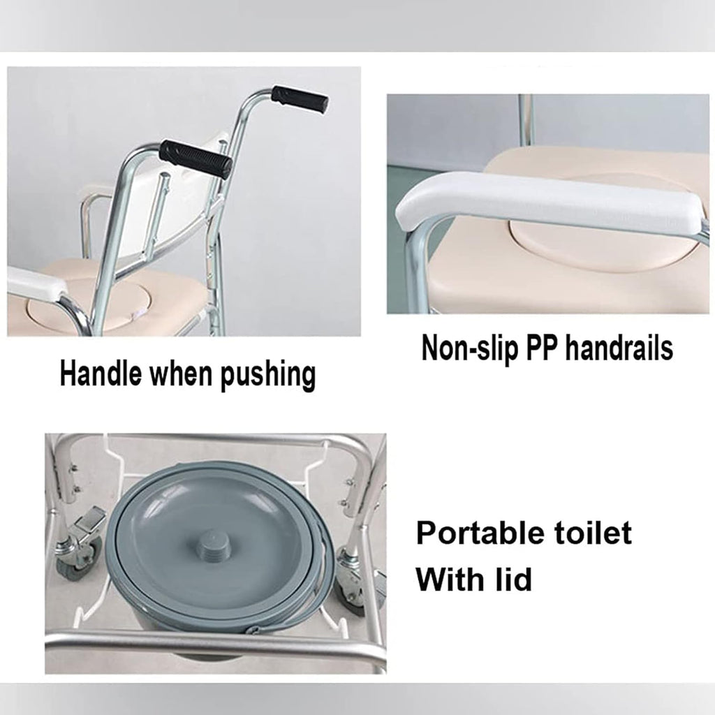 Shower Commode Chair with Wheels, 3 in 1 Shower Wheelchair with Anti Skid Arms 4 Locking Casters Detachable Bucket Shower Chair B715718