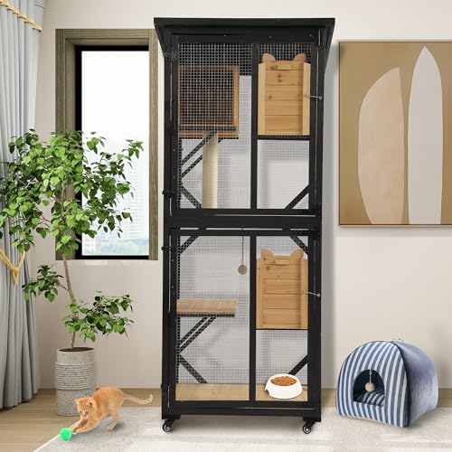 71" 4 Tiers Wooden Cat Enclosure with Wheels and Waterproof Roof (Black) I9114