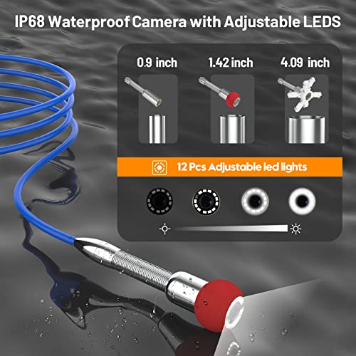 Self-Leveling Sewer Camera 100FT, 9" HD Screen Pipe Borescope Drain Inspection with 12pcs LED Light, DVR Recorder with 32GB Card, IP68 Waterproof Plumbing Cam, 7mm Cable with Depth Marker Q75765