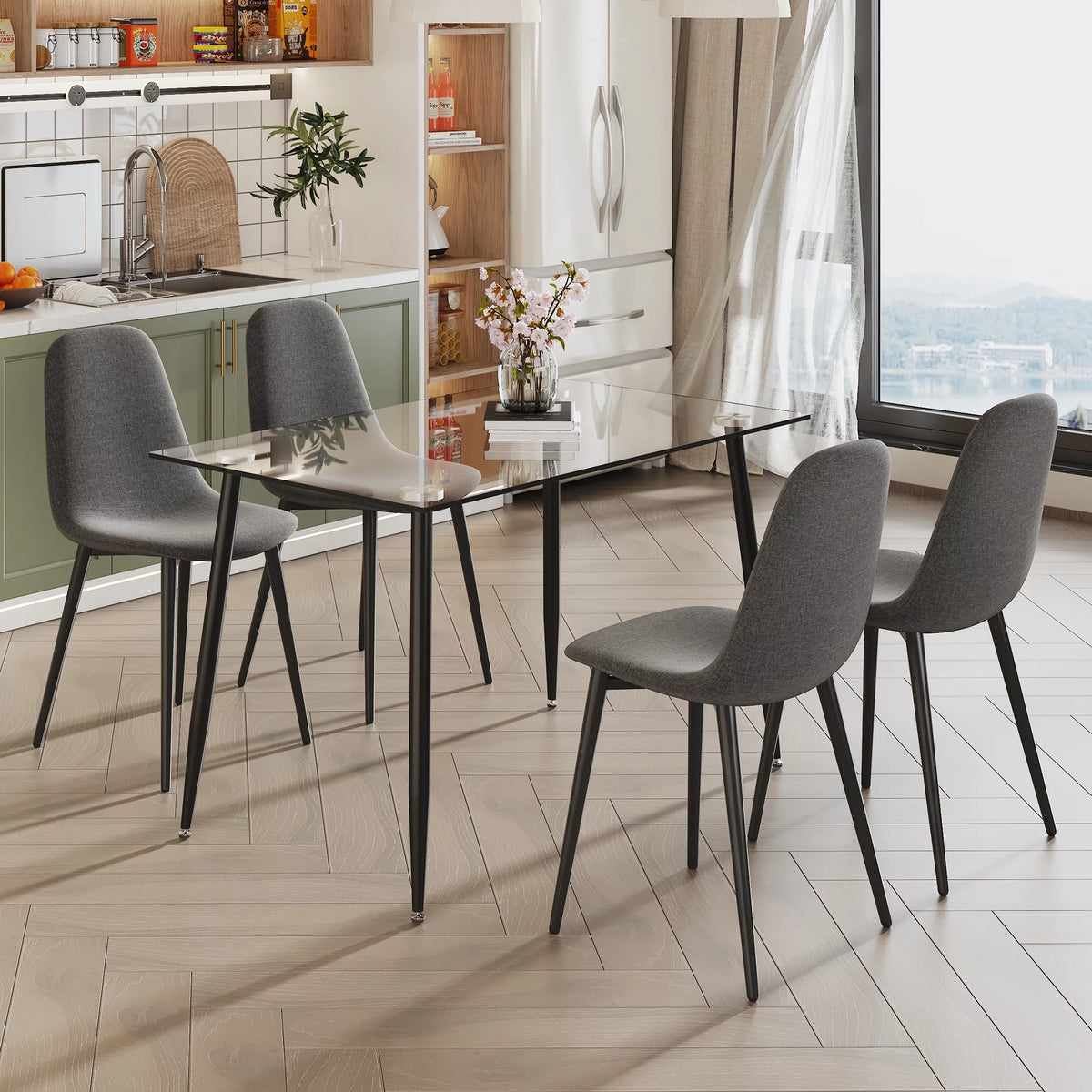5 Piece Glass Top Dining Table Set with 4 Linen Chairs W53162