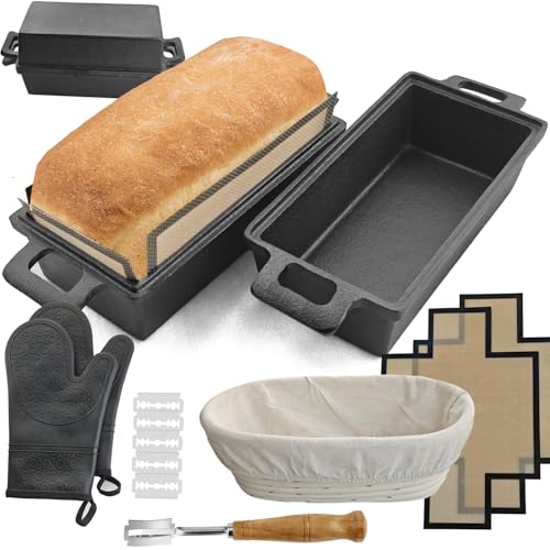 2-In-1 Cast Iron Loaf Pan Rectangular Baking Pan with Banneton Bread Proofing Basket Set L5597