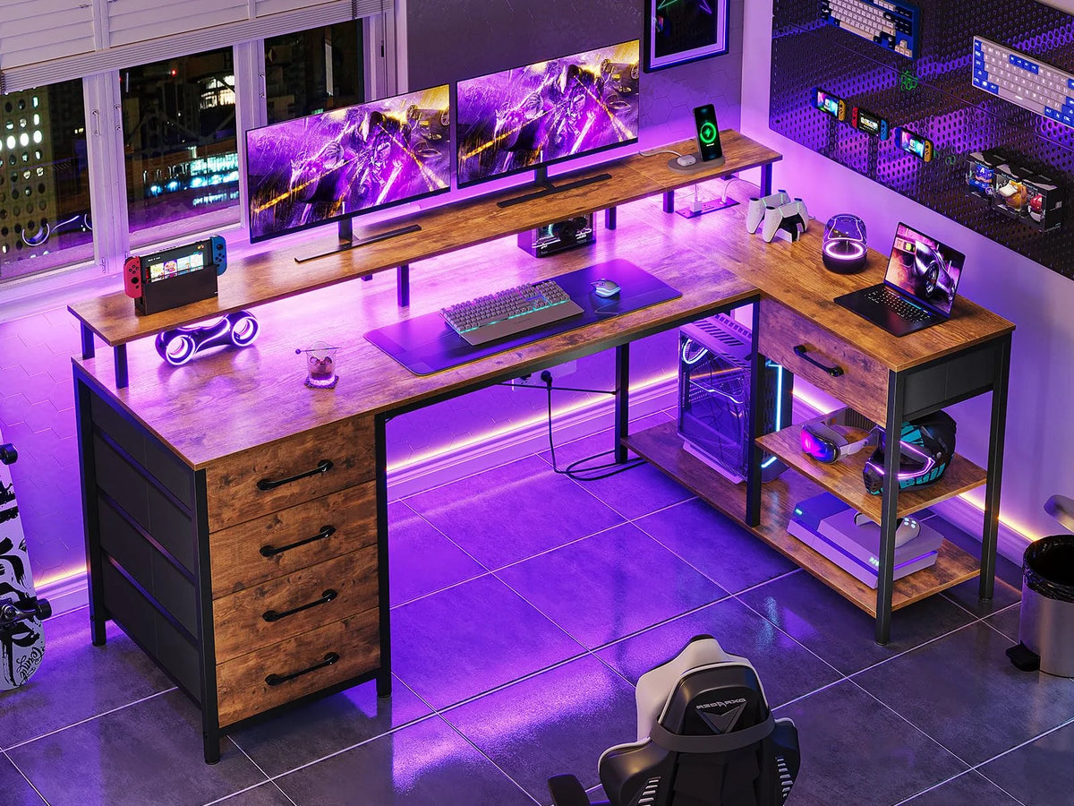L Shaped Desk with LED Lights and Power Outlets H54234