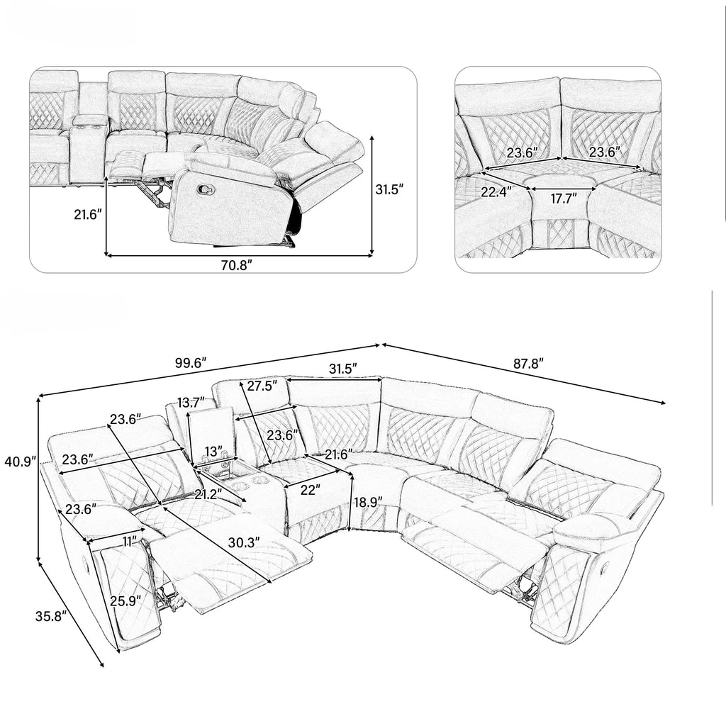 Modern Sectional Sofa Manual Recliner with Cup Holder and Hide-Away Storage PU Leather G651