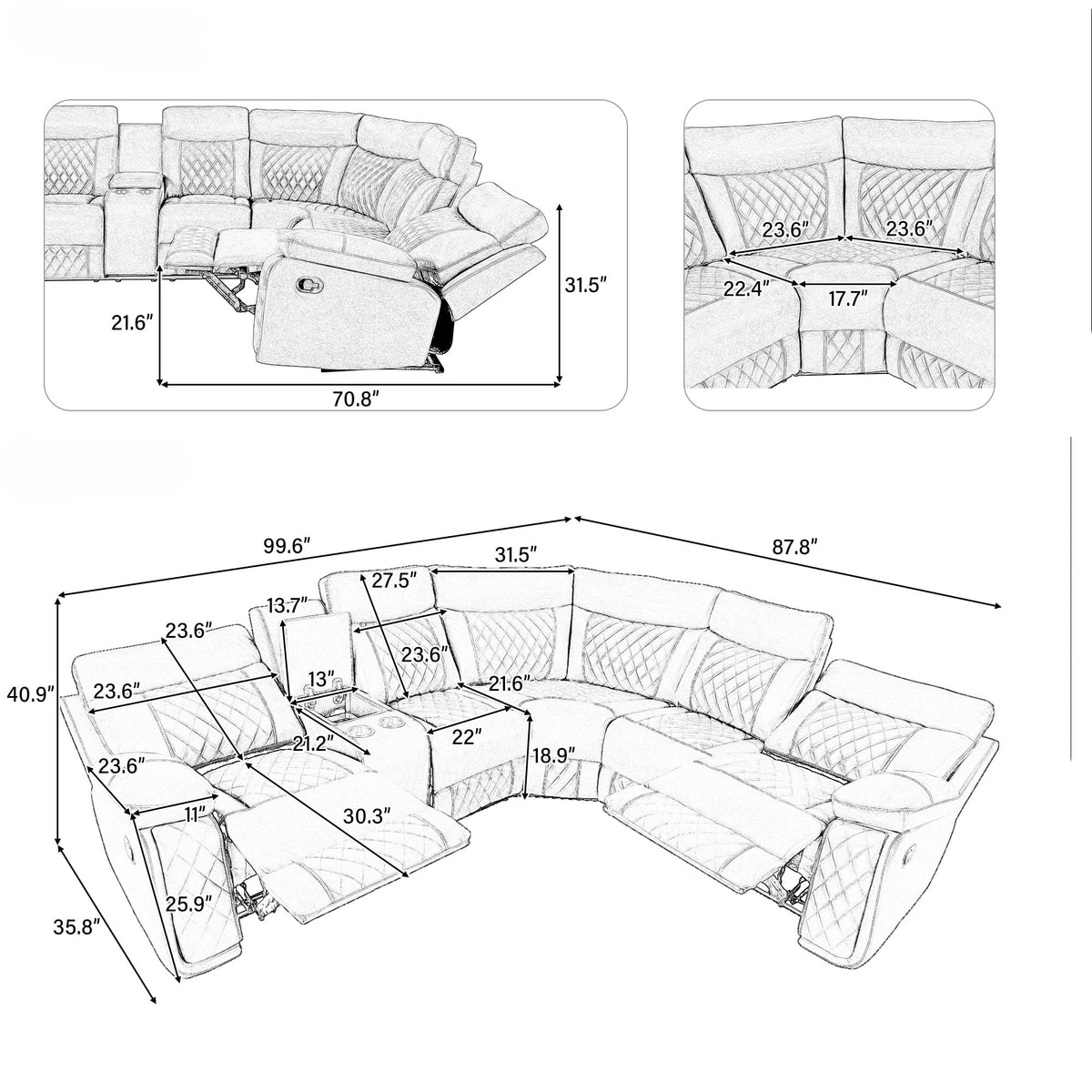 Modern Sectional Sofa Manual Recliner with Cup Holder and Hide-Away Storage PU Leather G651