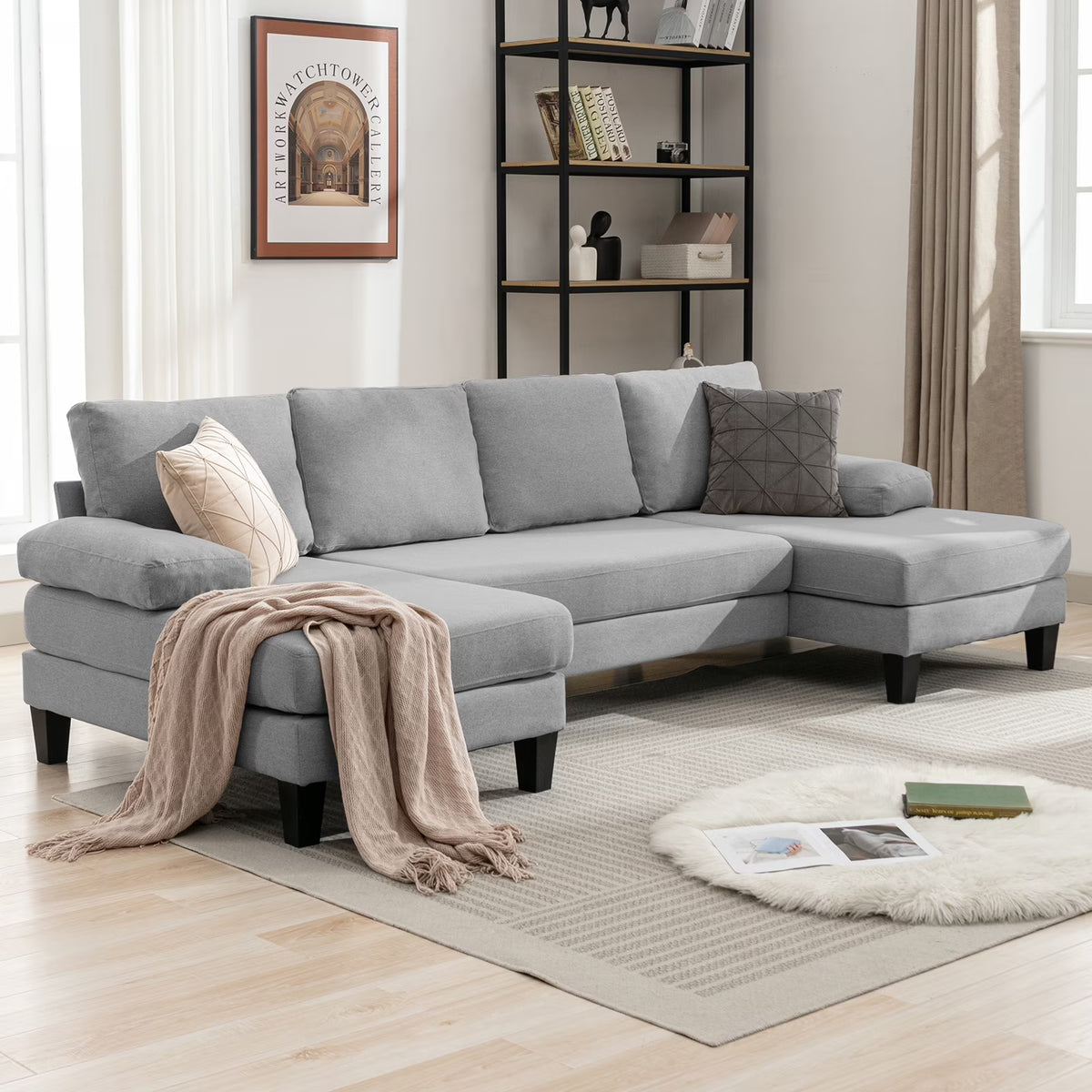 Light Gray 4 Seats Linen Fabric U-Shaped Sectional Sofa with Double Comfy Chaise N7342