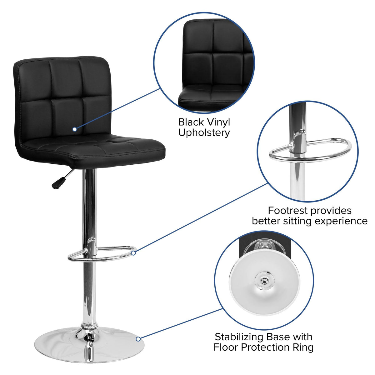 Black Quilted Vinyl Adjustable Height Barstool with Chrome Base Y43957