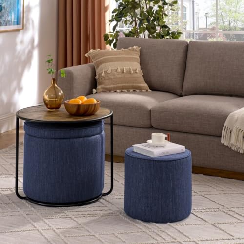 2 Pcs Linen Upholstered Storage Ottoman and Coffee Table Set X24932