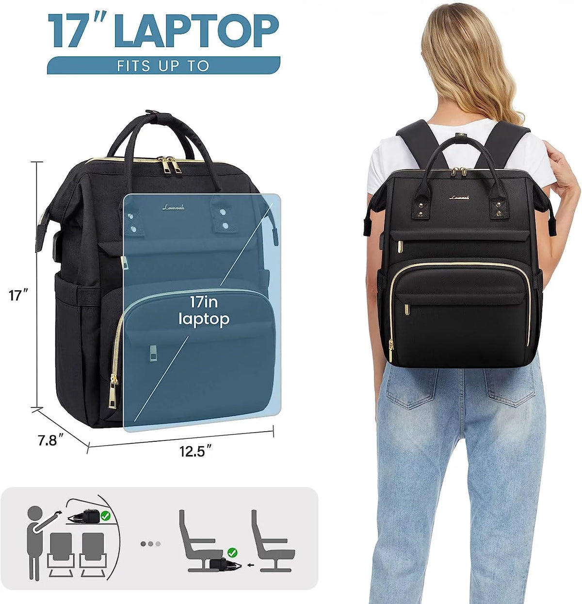 17" Waterproof Laptop Backpack with USB-Black A385124