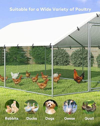 Large Metal Chicken Coop Run with Spire Roof Outdoor Poultry Cage with Waterproof UV-Resistant Cover (8.9’ W x 11.8’ L x 6.6’ H) H441