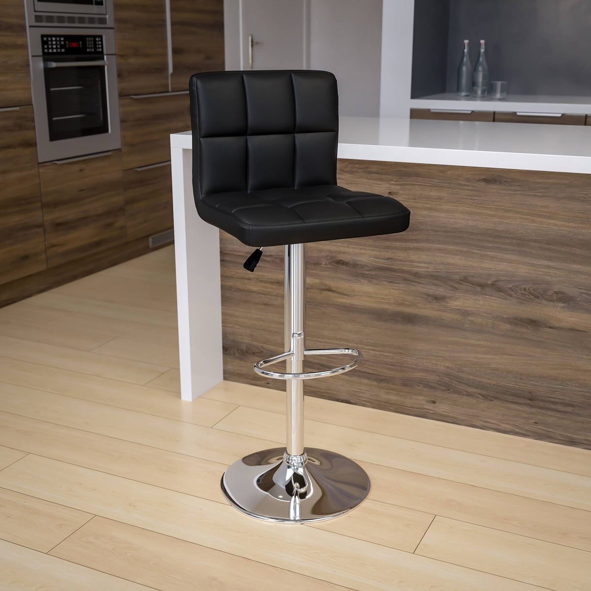 Black Quilted Vinyl Adjustable Height Barstool with Chrome Base Y43957