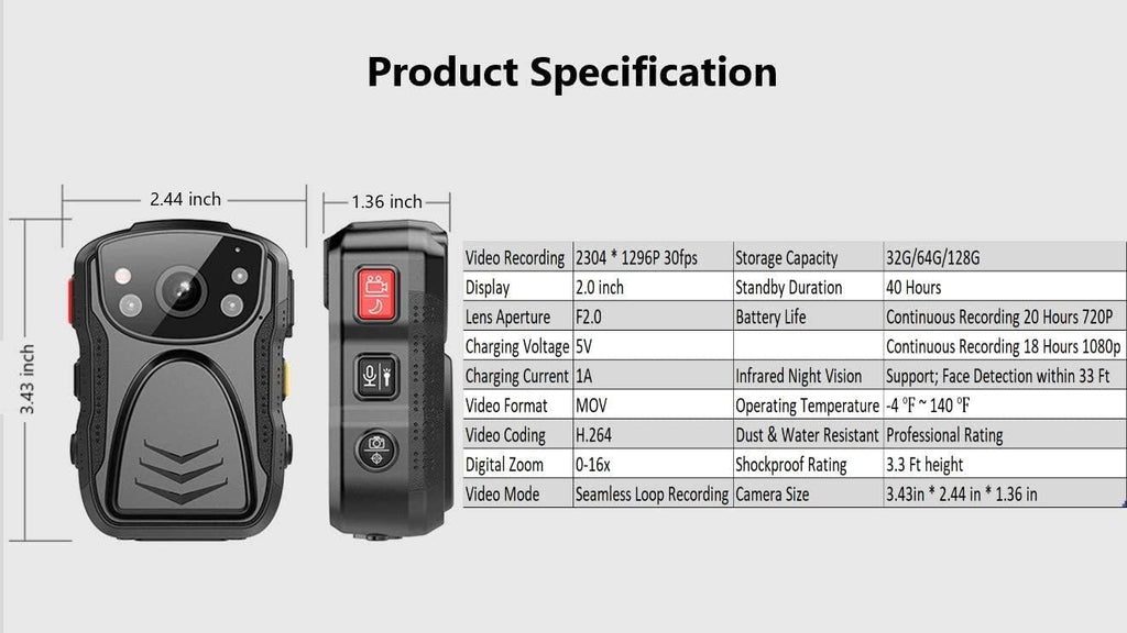 1296P UHD Body Camera with Audio, 128GB, 2 Inch Display, Night Vision, Waterproof, Shockproof D1985
