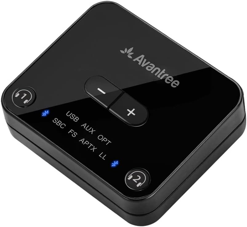 Bluetooth 5.0 Transmitter for TV with Volume Control, aptX Low Latency Audio Adapter for 2 Headphones, Class 1 Long Range 100ft, Pack of 2 A320