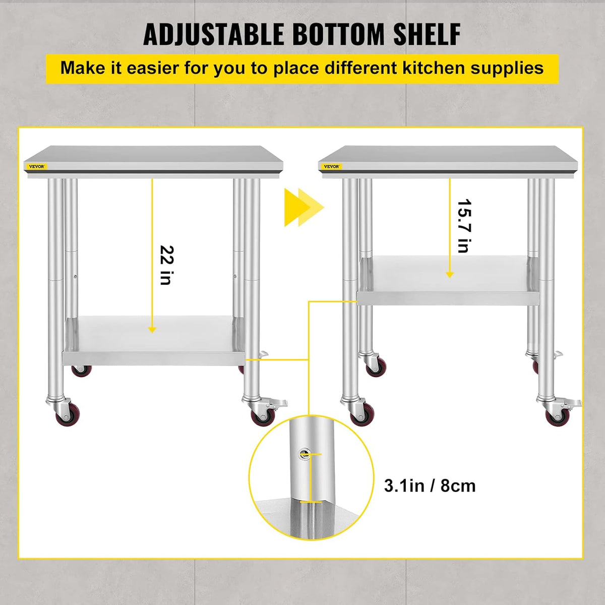 Stainless Steel Work Table with Wheels 24 x 30 x 32 Inch B373645