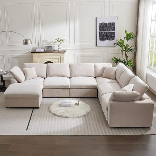 Cream Modular Sectional Sofa with Ottoman 7 Seater L-Shaped X8467