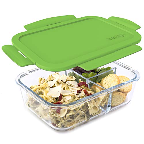 Glass Lunch Box with Airtight Lid 3-Compartment 5 Cup Capacity Gray W25624