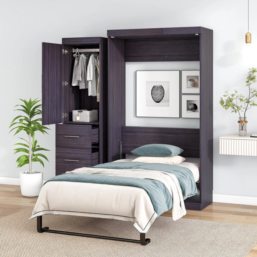 Twin Size Murphy Bed with Wardrobe and Drawers J15833