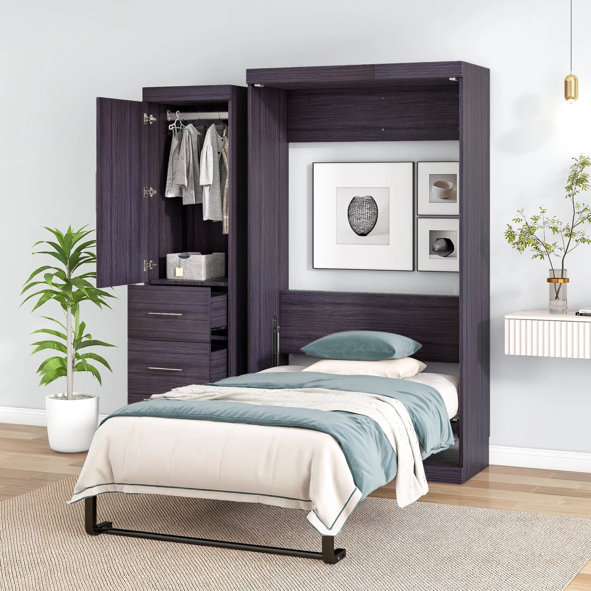 Twin Size Murphy Bed with Wardrobe and Drawers J15833