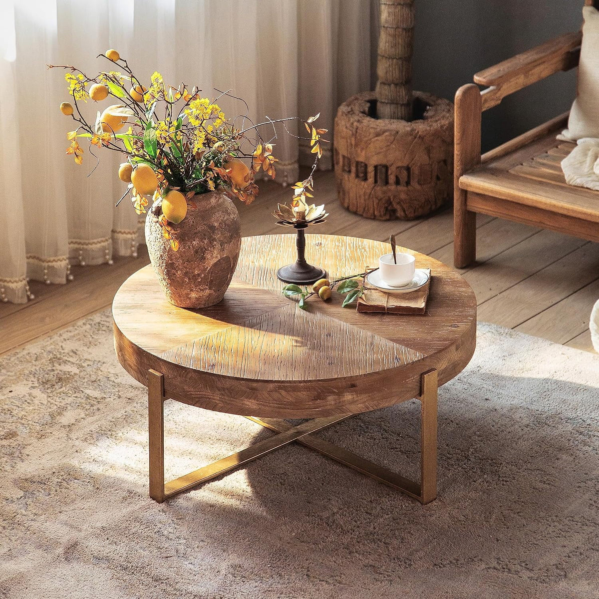 Round Wood Coffee Table with Gold Metal Legs Z869090