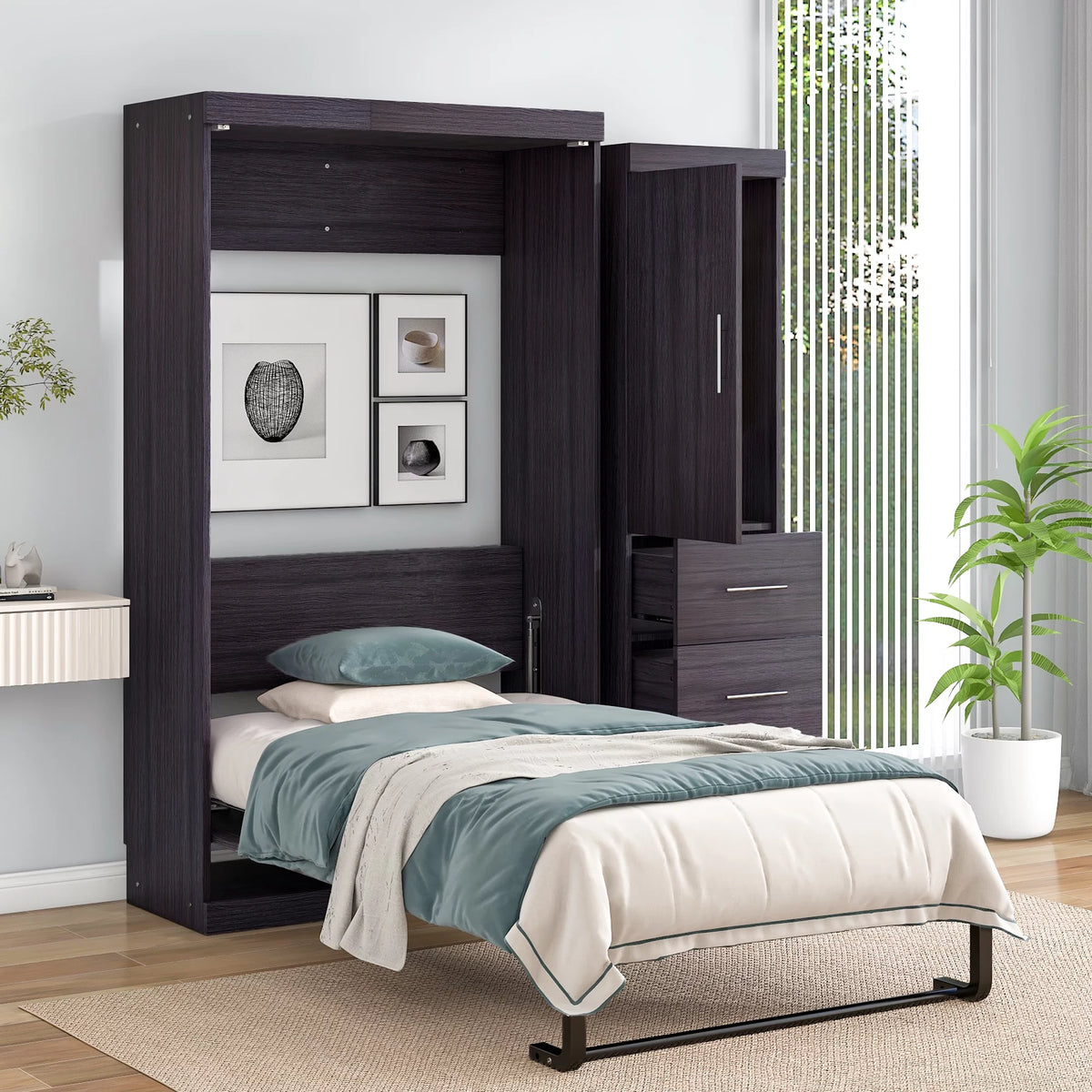 Twin Size Murphy Bed with Wardrobe and Drawers J15833
