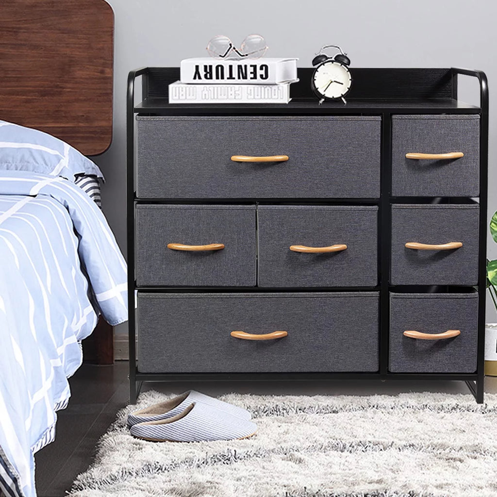 Fabric Storage Dresser with 7 Drawers, Metal Frame and Wooden Top, Dark Grey R56311