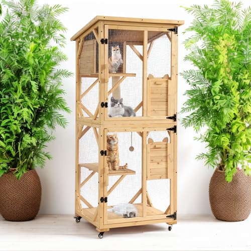 71" 4 Tiers Wooden Cat Enclosure with Wheels and Waterproof Roof (Black) I9114