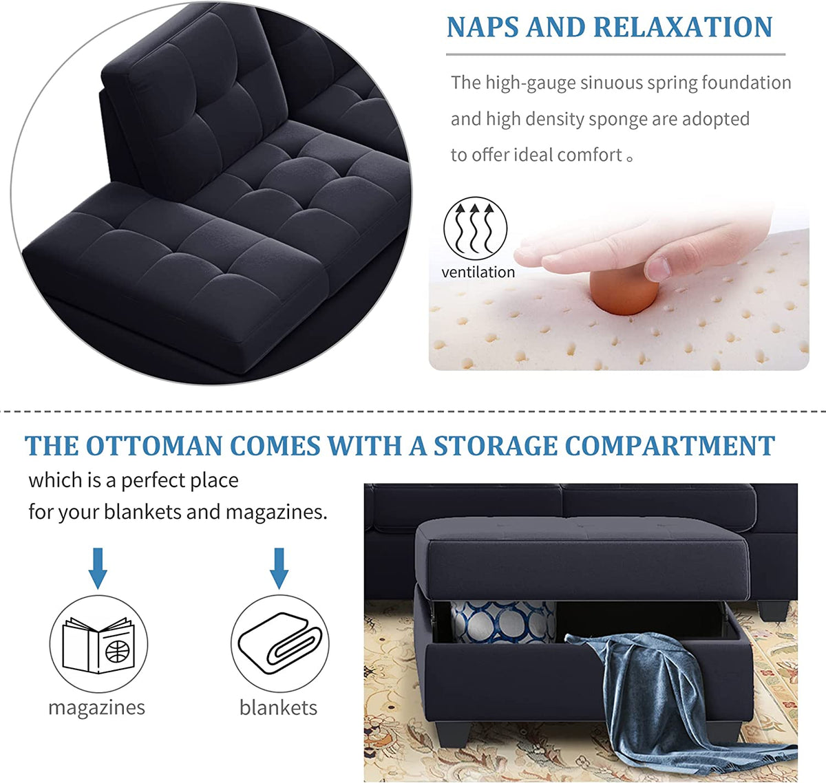 Modern Sectional Sofa with Reversible Chaise, L Shaped Couch Set with Storage Ottoman and Two Cup Holders Z938