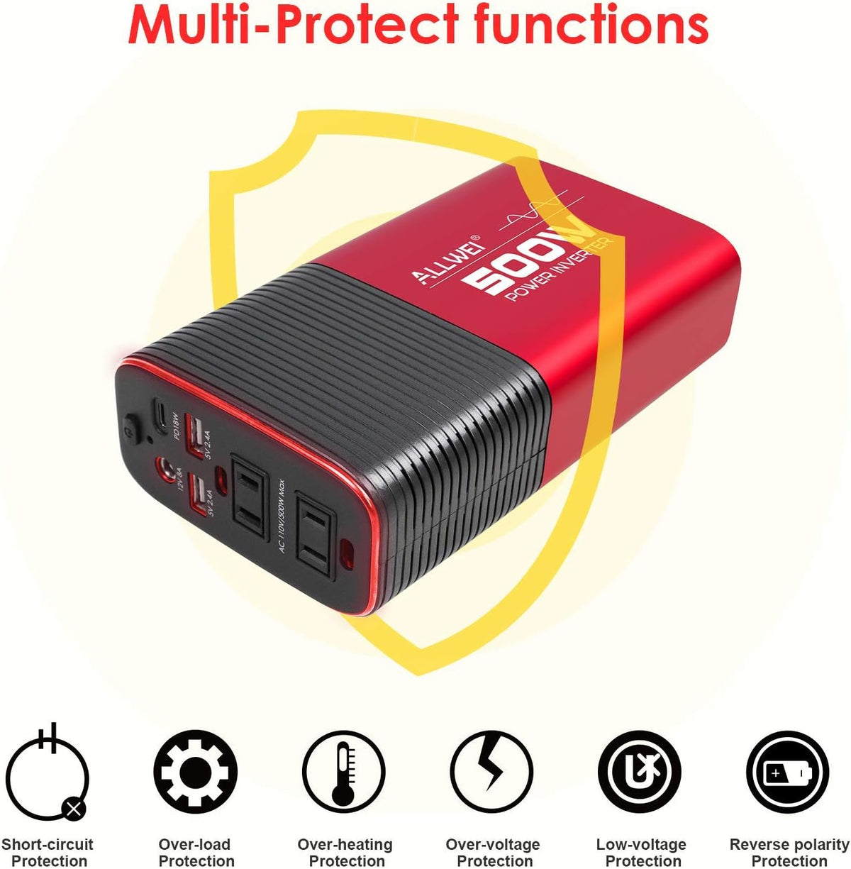 500W Pure Sine Wave Power Inverter DC 12V to AC 110V Car Inverter with Type C PD18W/12V DC Output/4.8A Dual USB Charging Ports and 2 AC Outlets Pack of 2 Q8681