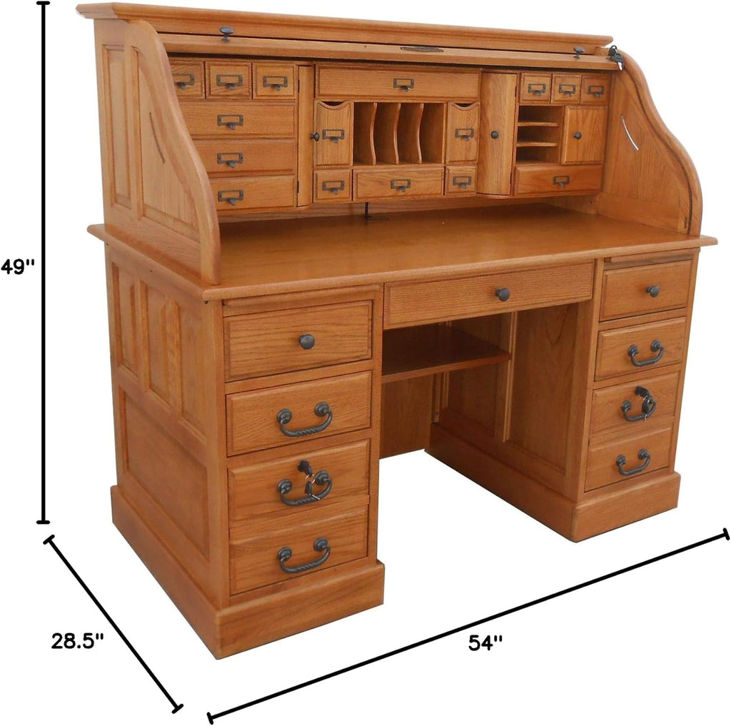 54 inch Solid Oak Wood Roll Top Desk with Locking File Drawers A149