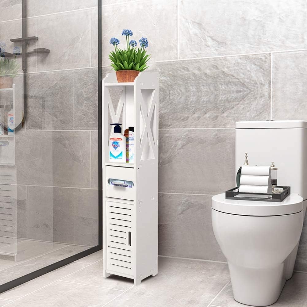 White Bathroom Floor Cabinet Storage Organizer, 31.5 x 6.1 x 5.9 inch J25638