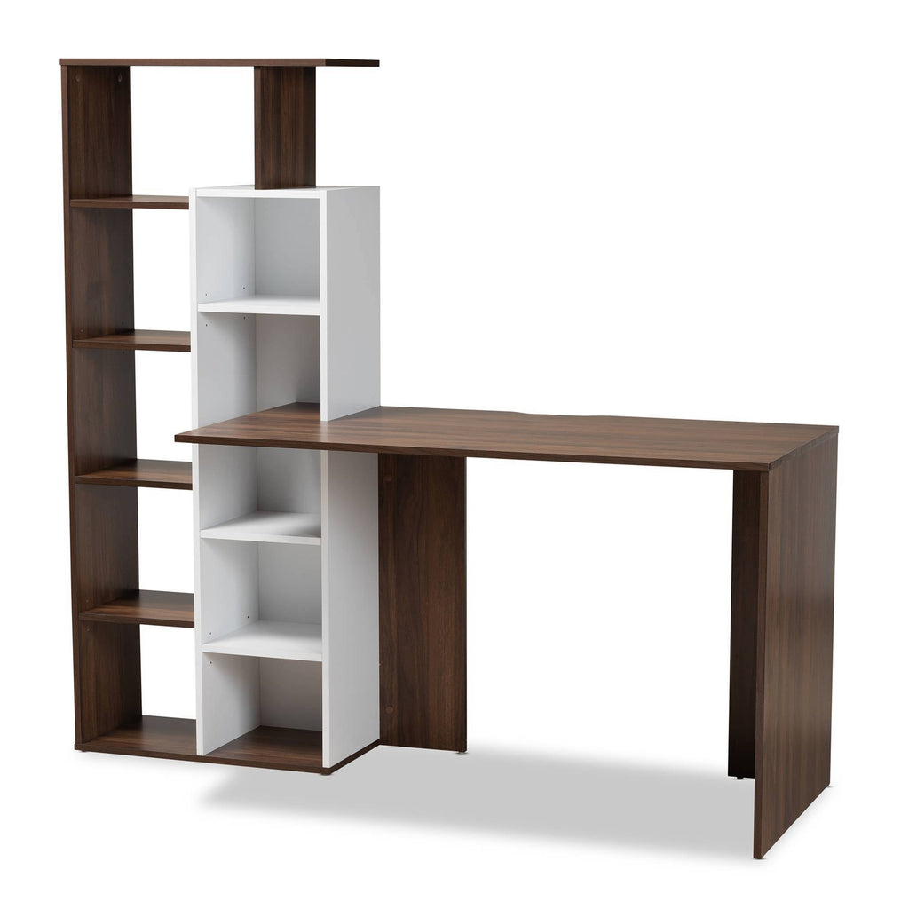 White & Walnut Brown Wood Storage Computer Desk with Shelves U970320