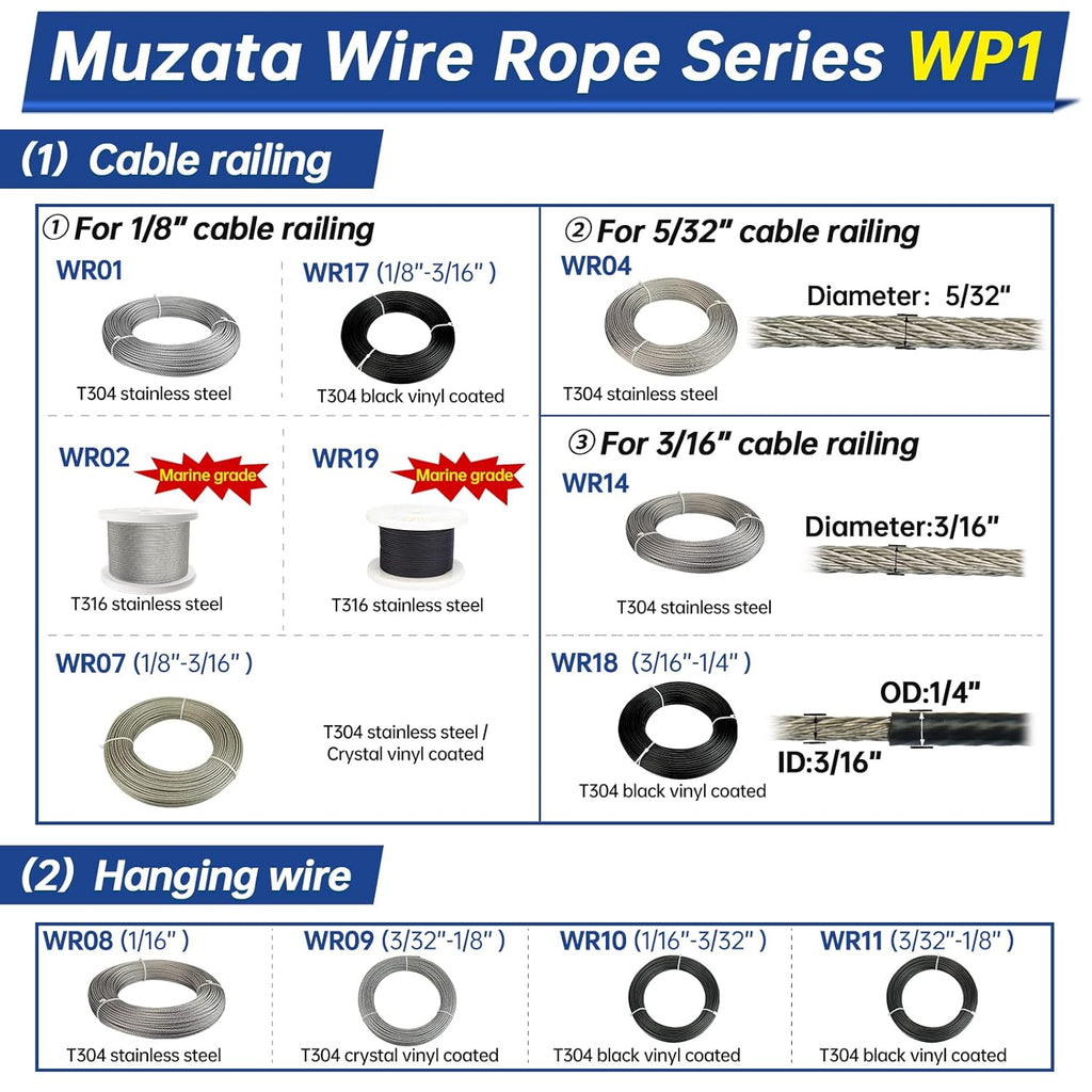 250ft 1/8 Black Wire Rope T316 Stainless Steel Marine Grade 7x7 Strand E234461