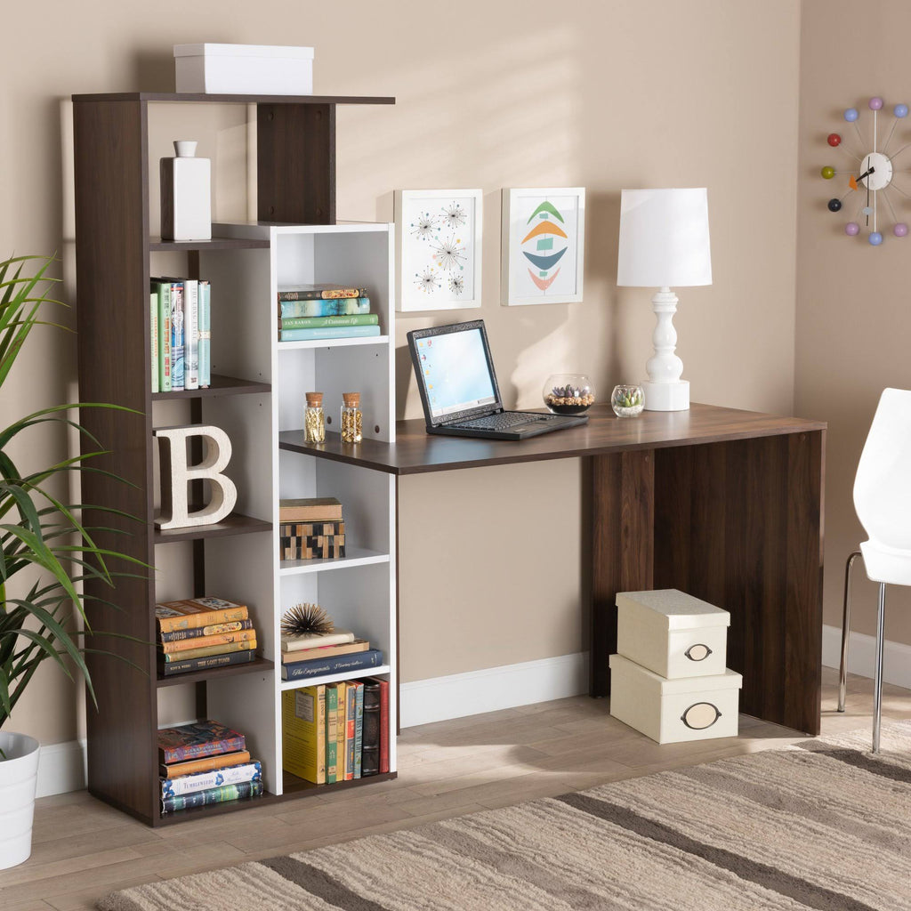 White & Walnut Brown Wood Storage Computer Desk with Shelves U970320