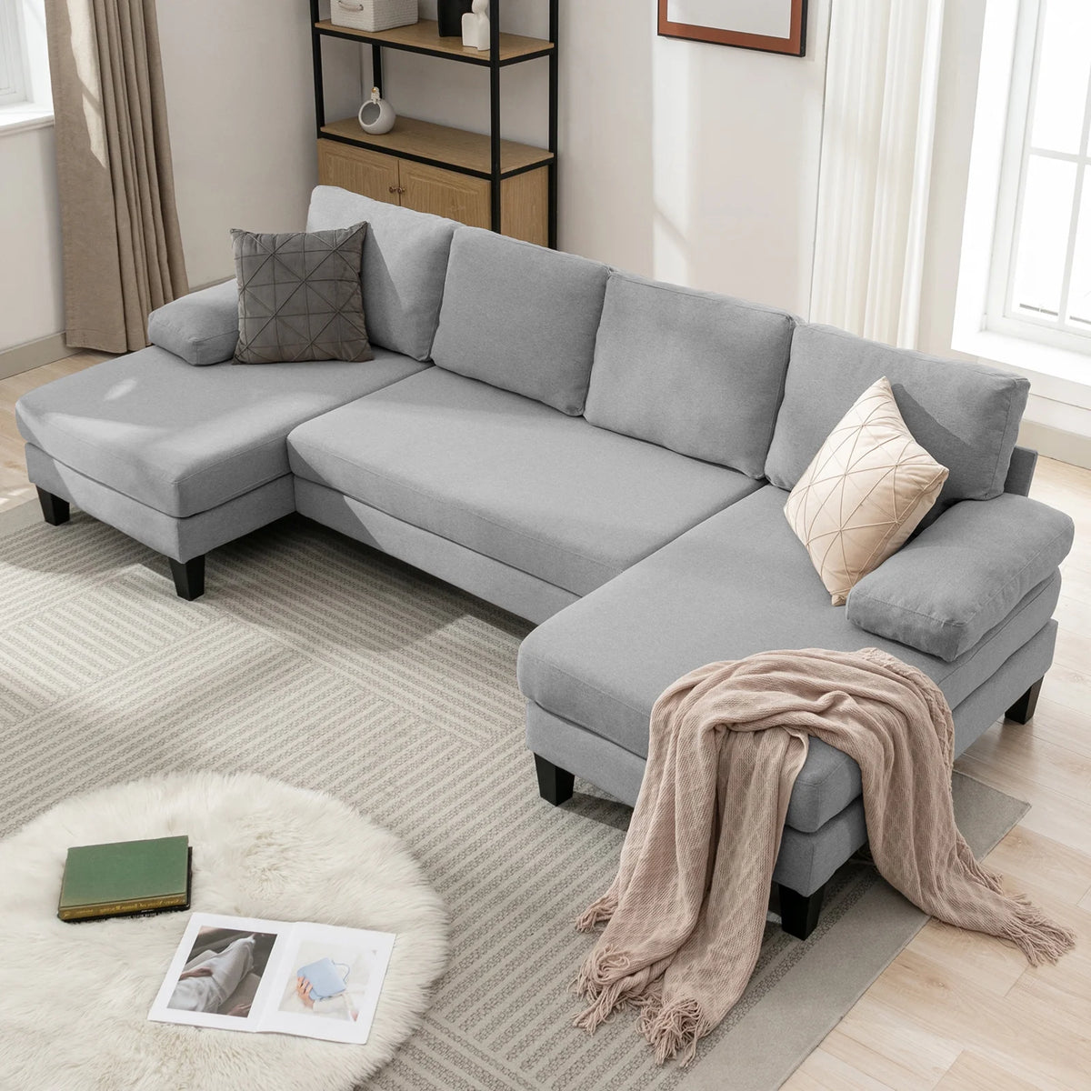 Light Gray 4 Seats Linen Fabric U-Shaped Sectional Sofa with Double Comfy Chaise N7342