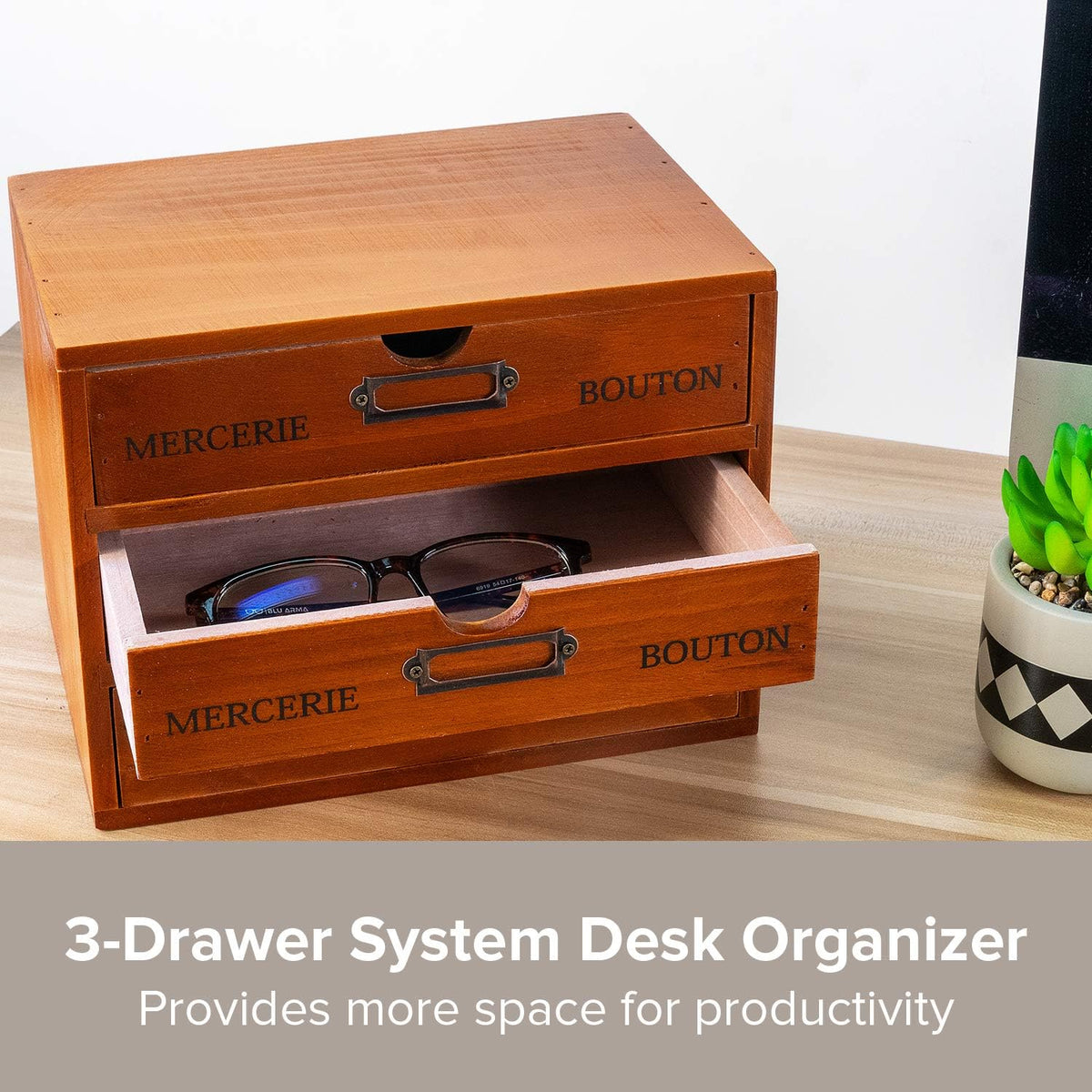 Vintage 3-Drawer Solid Wood Desk Organizer Pack of 2 H4598