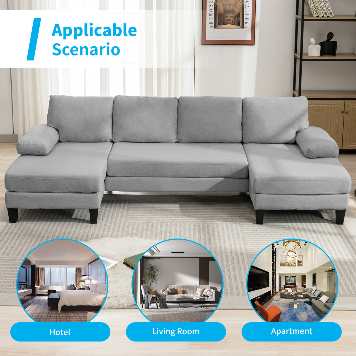 Light Gray 4 Seats Linen Fabric U-Shaped Sectional Sofa with Double Comfy Chaise N7342