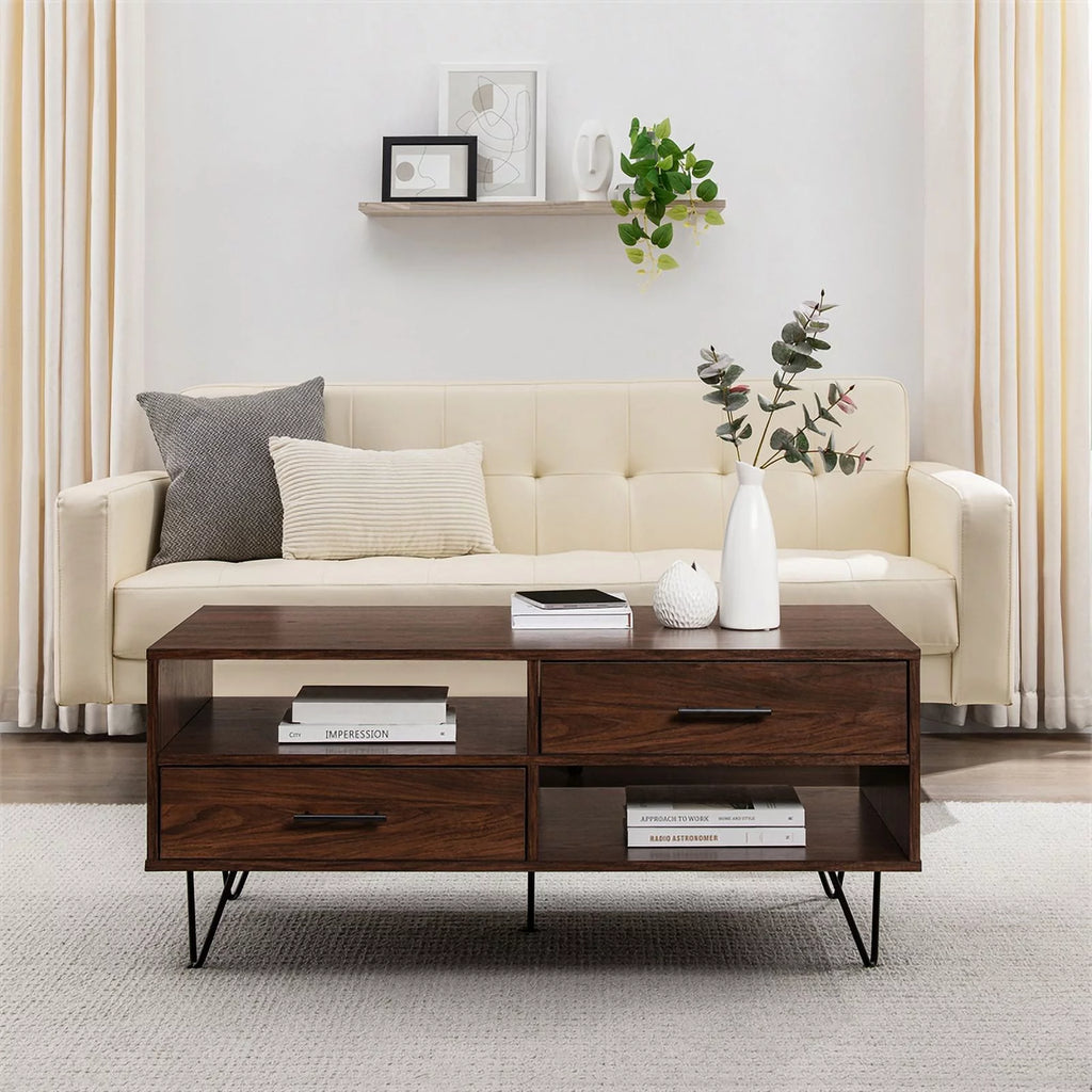 42" 2-Drawer Wood Coffee Table with Hairpin Legs N710048