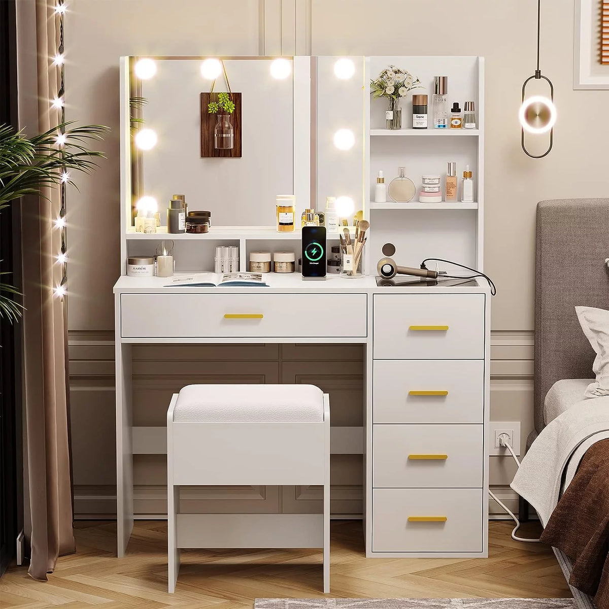 White Vanity Set with Mirror and Lights J660334