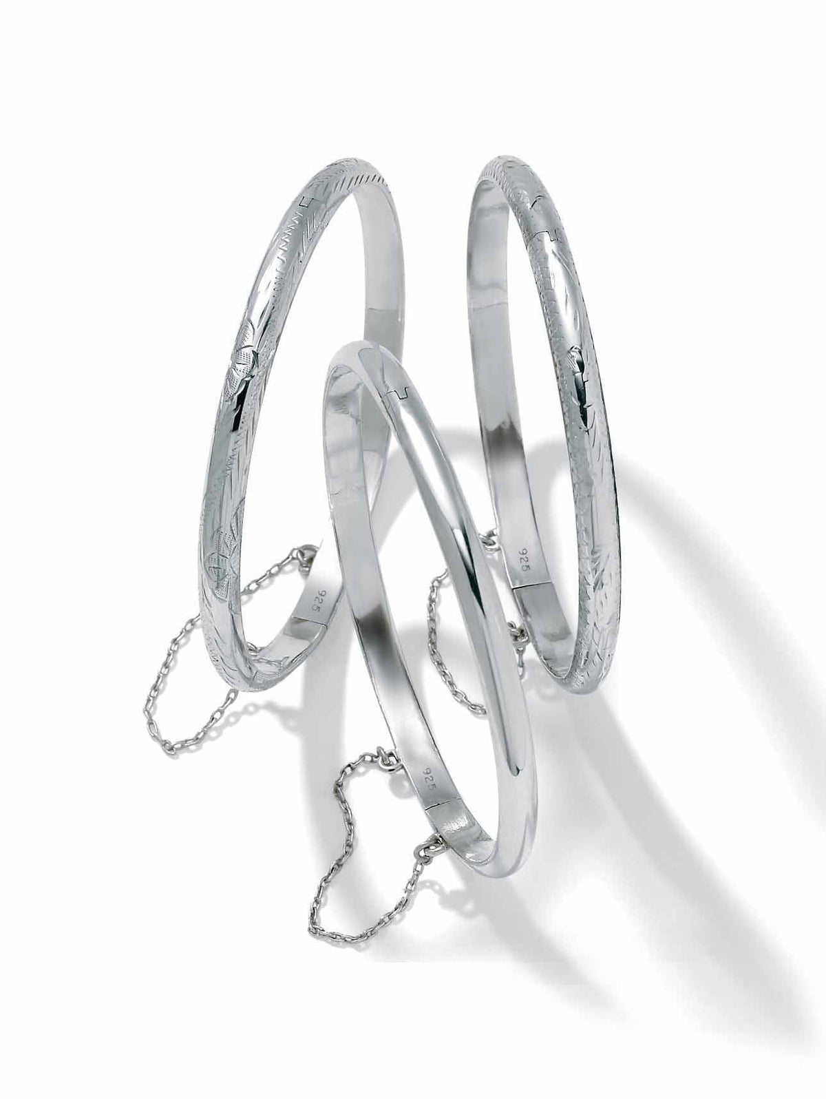 Polished Engraved Floral Three-Piece Bangle Set in Yellow Gold-Plated or Sterling Silver M2570