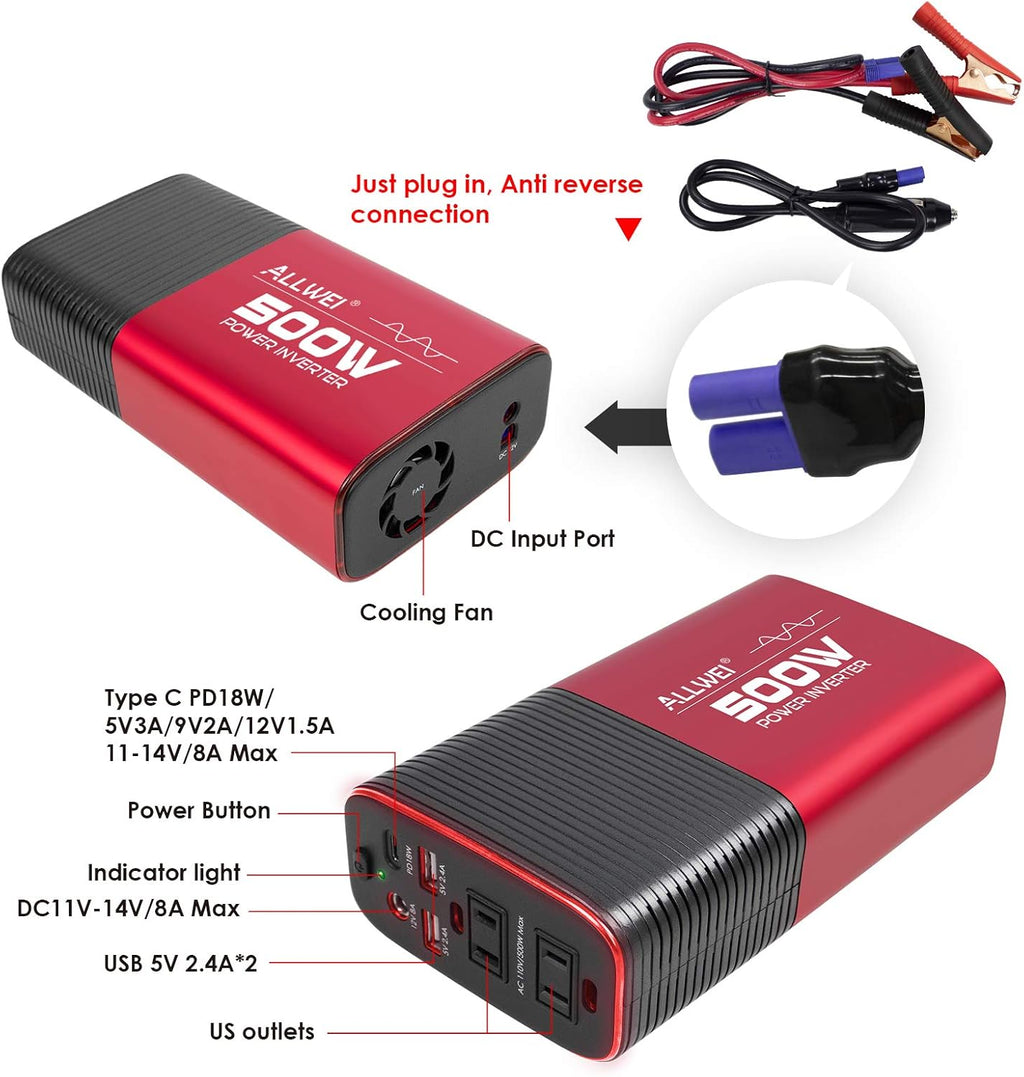 500W Pure Sine Wave Power Inverter DC 12V to AC 110V Car Inverter with Type C PD18W/12V DC Output/4.8A Dual USB Charging Ports and 2 AC Outlets Pack of 2 Q8681