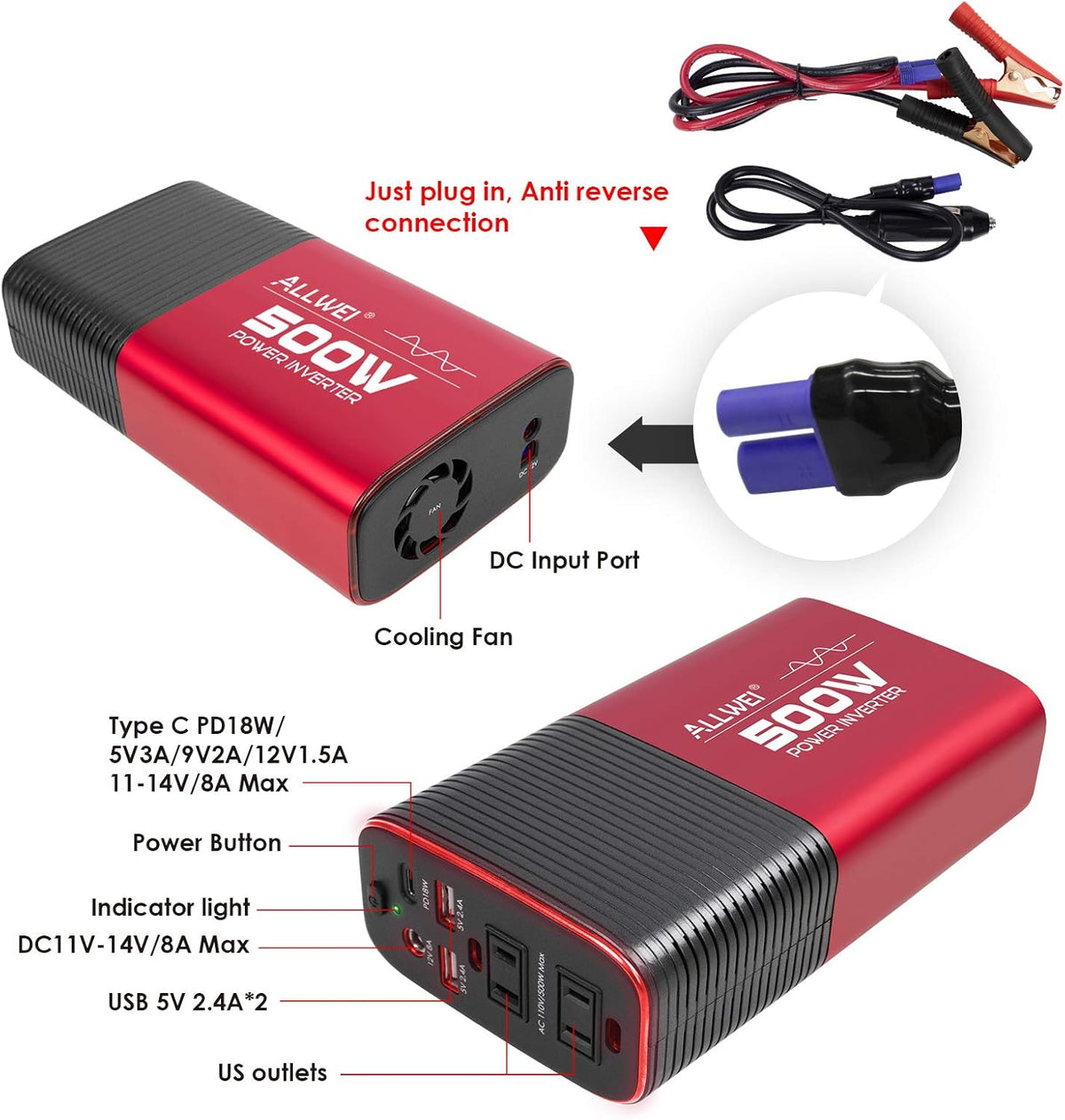 500W Pure Sine Wave Power Inverter DC 12V to AC 110V Car Inverter with Type C PD18W/12V DC Output/4.8A Dual USB Charging Ports and 2 AC Outlets Pack of 2 Q8681