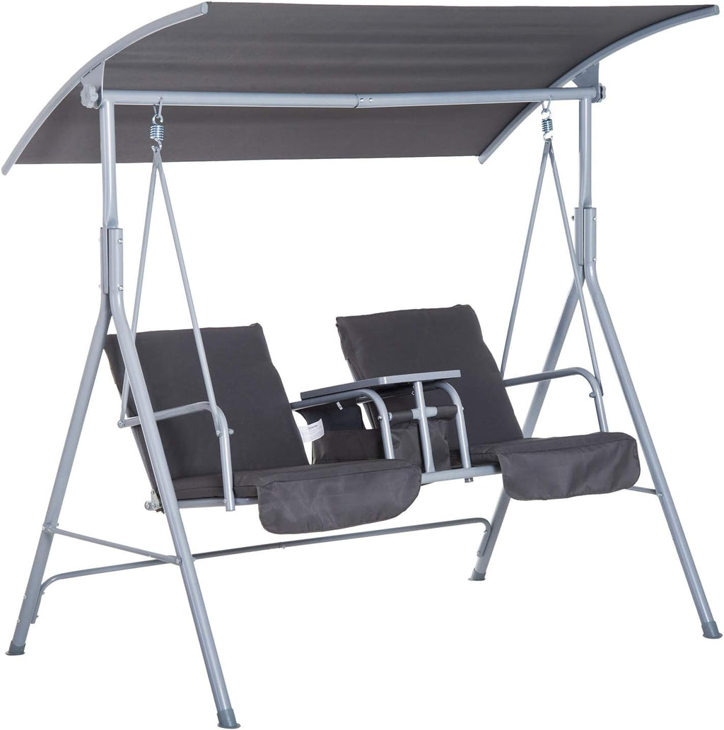 2 Person Covered Swing with Canopy, Table and Storage Console, Beige J545372