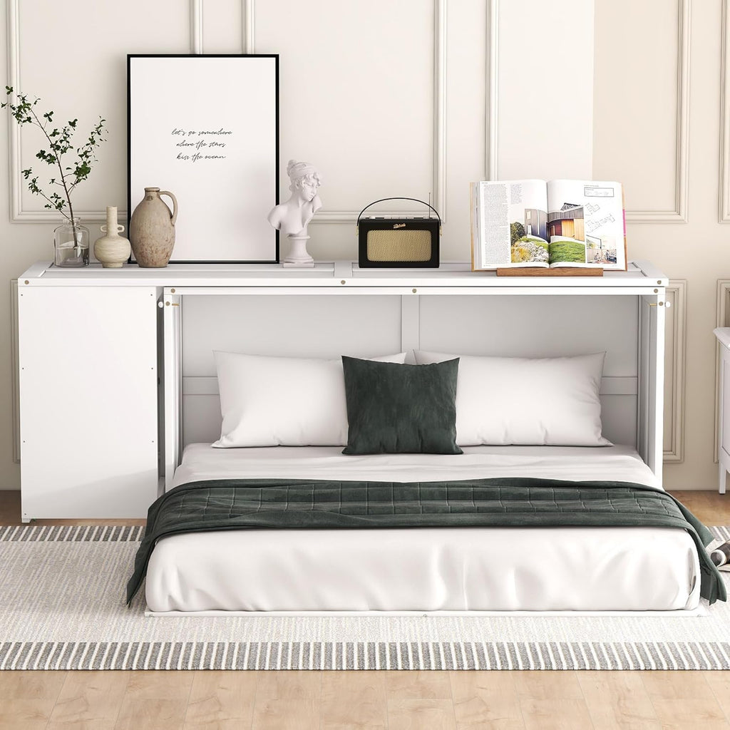 White Queen Size Murphy Bed with Storage Drawers R39171