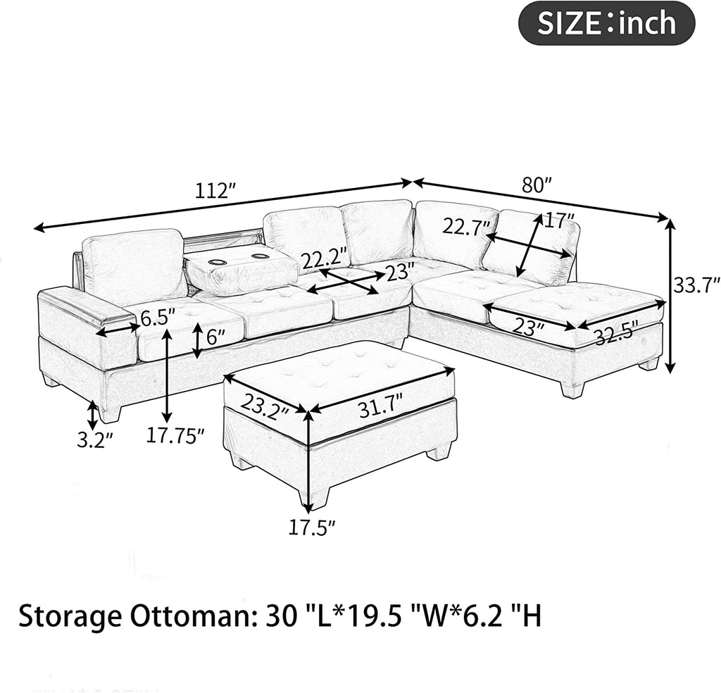 Modern Sectional Sofa with Reversible Chaise, L Shaped Couch Set with Storage Ottoman and Two Cup Holders Z938