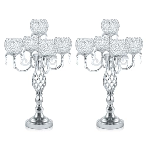 5-Arm Crystal Candelabra Candle Holder Stand with Crystal Bowl A529