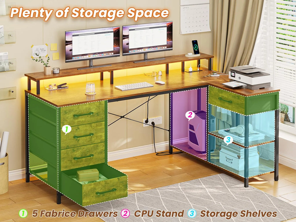 L Shaped Desk with LED Lights and Power Outlets H54234