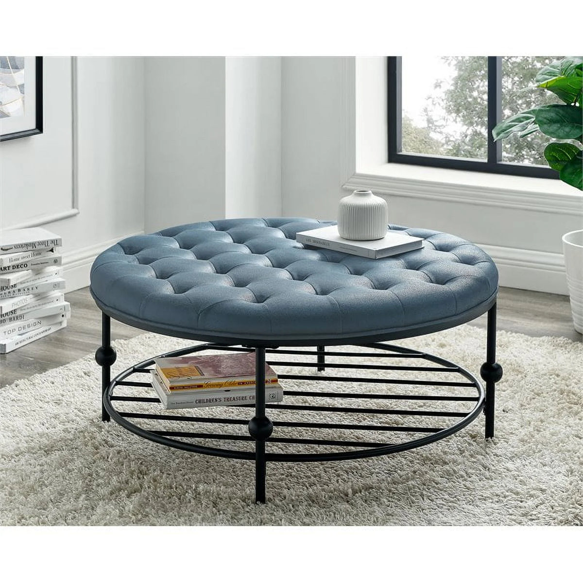 36" Round Faux Leather Tufted Cocktail Ottoman in Blue X905739