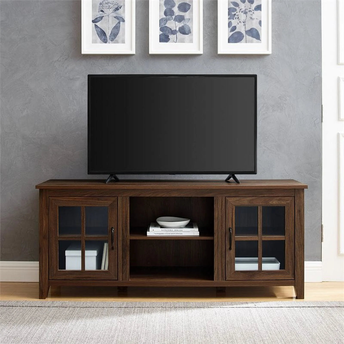 Glass Door TV Console Dark Walnut D24693
